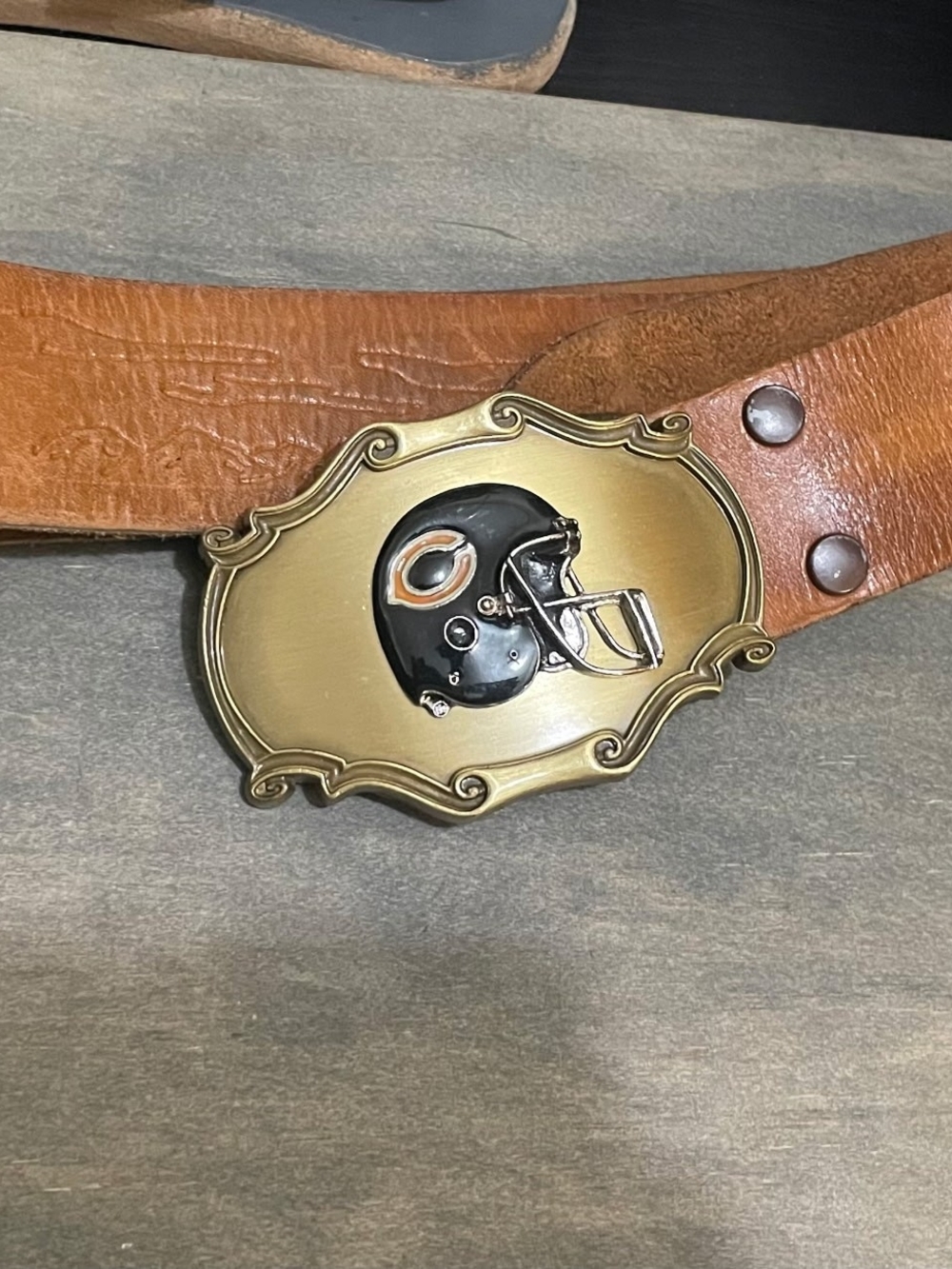 NFL Brown Leather Belt with Brass Football Helmet Buckle